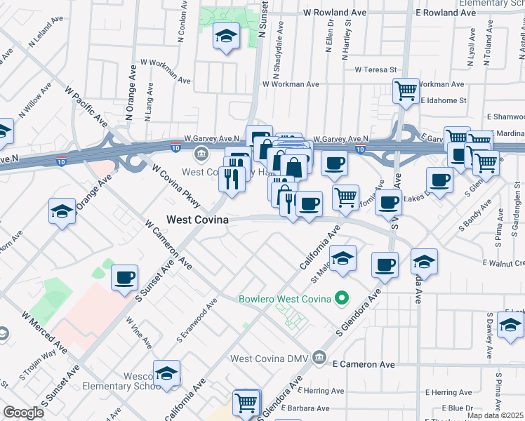 map of restaurants, bars, coffee shops, grocery stores, and more near 1129 West Covina Parkway in West Covina