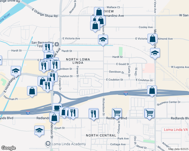 map of restaurants, bars, coffee shops, grocery stores, and more near 1549 East Davidson Street in San Bernardino