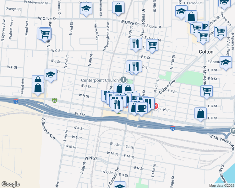 map of restaurants, bars, coffee shops, grocery stores, and more near 405 North 7th Street in Colton