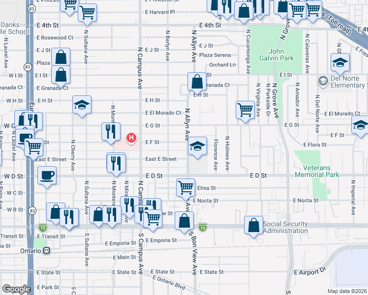 map of restaurants, bars, coffee shops, grocery stores, and more near 603 North Allyn Avenue in Ontario