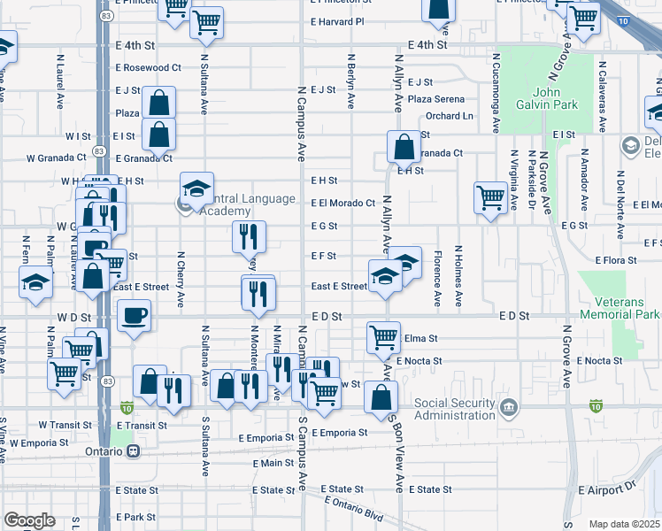 map of restaurants, bars, coffee shops, grocery stores, and more near 723 East F Street in Ontario