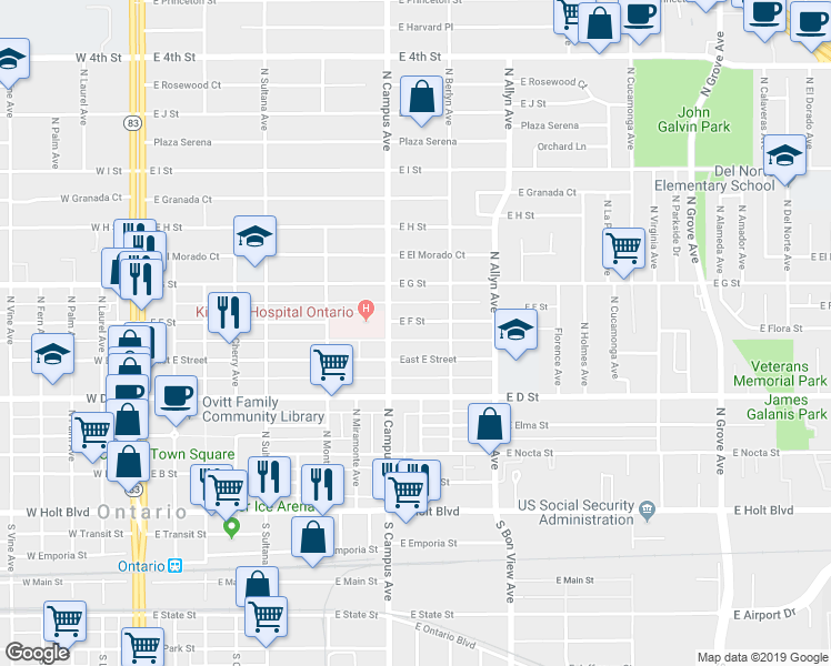 map of restaurants, bars, coffee shops, grocery stores, and more near 723 East F Street in Ontario