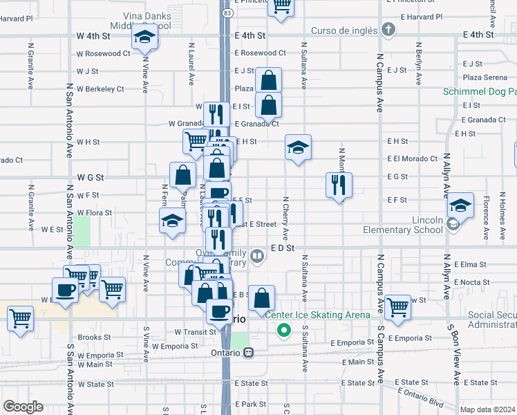 map of restaurants, bars, coffee shops, grocery stores, and more near 203 East F Street in Ontario