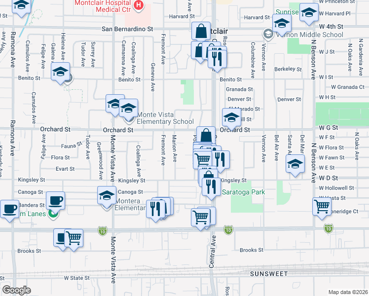 map of restaurants, bars, coffee shops, grocery stores, and more near 10144 Poulsen Avenue in Montclair