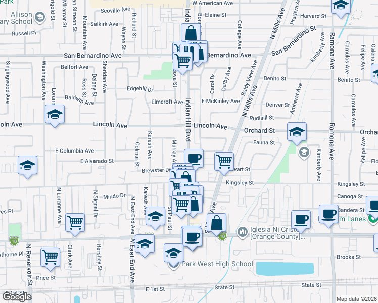 map of restaurants, bars, coffee shops, grocery stores, and more near 1025 Bonnie Brae Street in Pomona