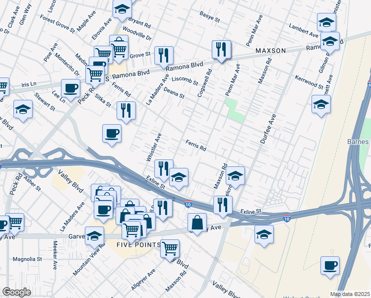 map of restaurants, bars, coffee shops, grocery stores, and more near in El Monte