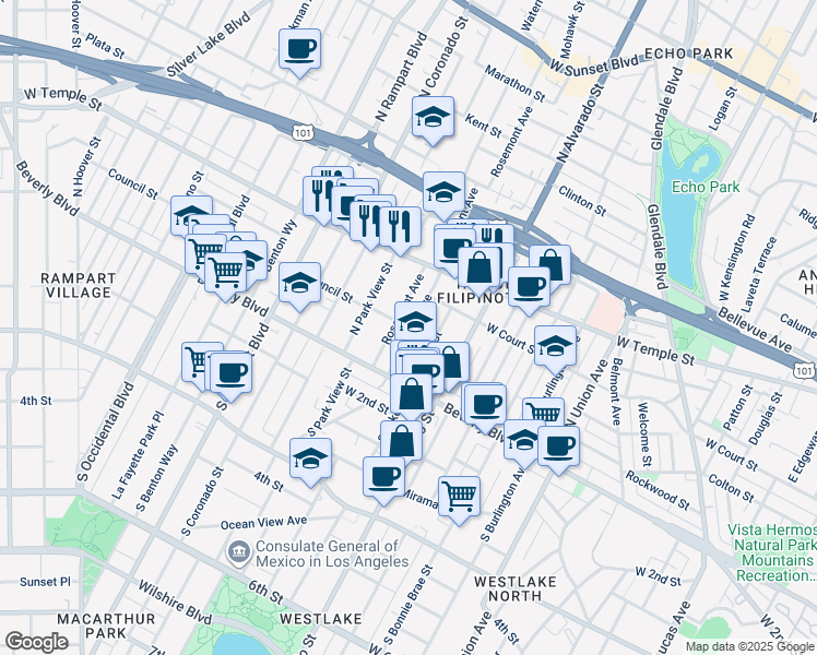 map of restaurants, bars, coffee shops, grocery stores, and more near 201 Rosemont Avenue in Los Angeles