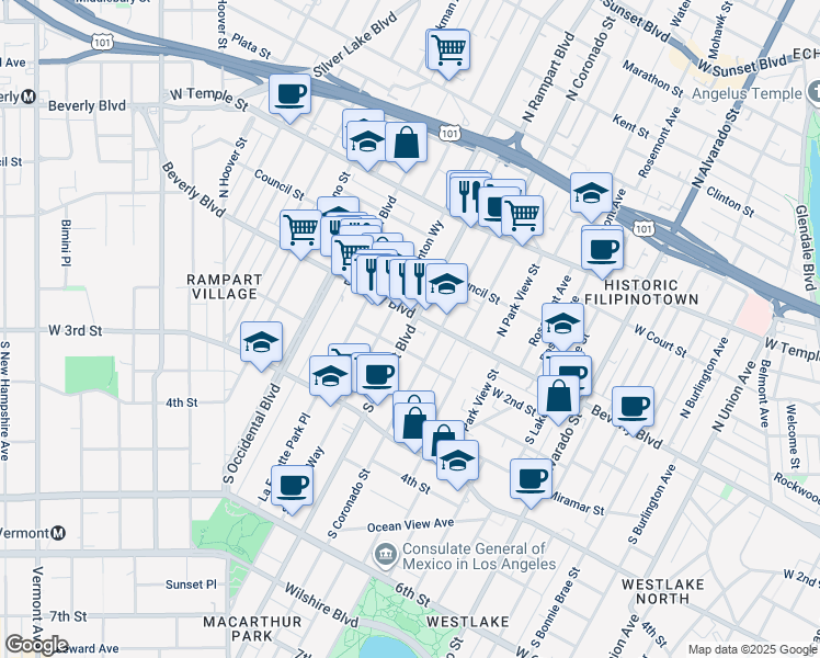 map of restaurants, bars, coffee shops, grocery stores, and more near 2575 Beverly Boulevard in Los Angeles