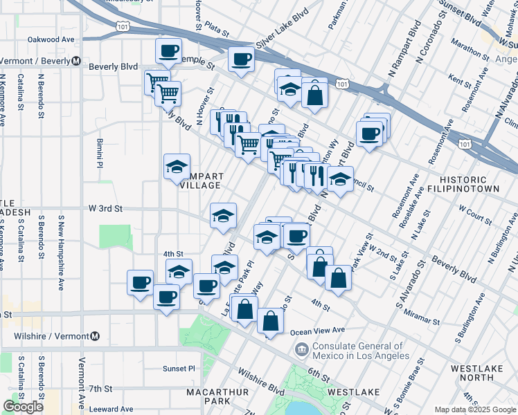 map of restaurants, bars, coffee shops, grocery stores, and more near 145 South Occidental Boulevard in Los Angeles