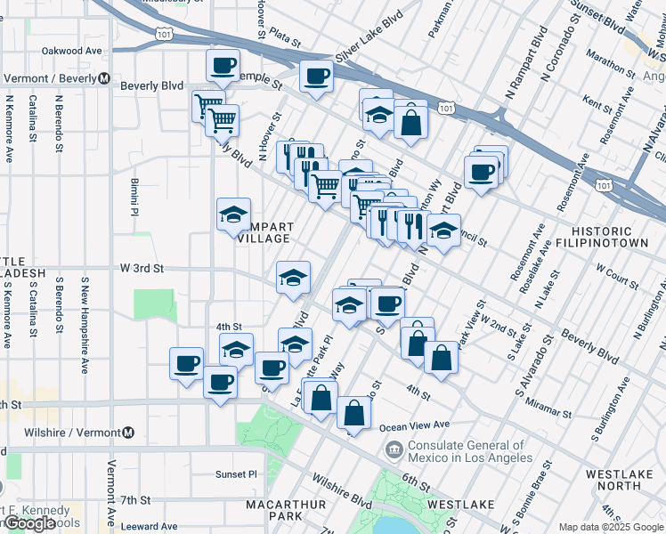 map of restaurants, bars, coffee shops, grocery stores, and more near 145 South Occidental Boulevard in Los Angeles