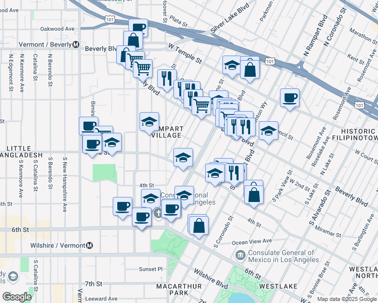 map of restaurants, bars, coffee shops, grocery stores, and more near 209 South Reno Street in Los Angeles