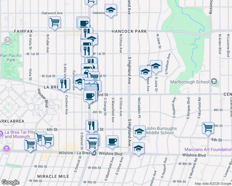 map of restaurants, bars, coffee shops, grocery stores, and more near 253 South Mansfield Avenue in Los Angeles