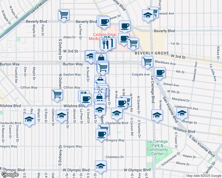 map of restaurants, bars, coffee shops, grocery stores, and more near 8743 Clifton Way in Beverly Hills