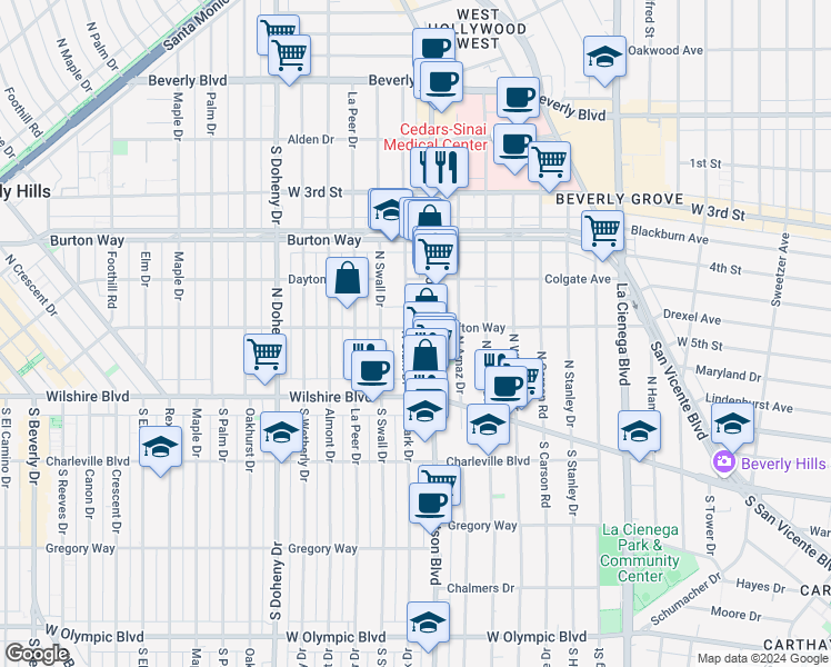 map of restaurants, bars, coffee shops, grocery stores, and more near in Beverly Hills