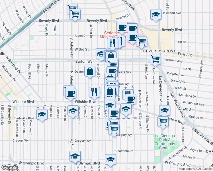 map of restaurants, bars, coffee shops, grocery stores, and more near in Beverly Hills