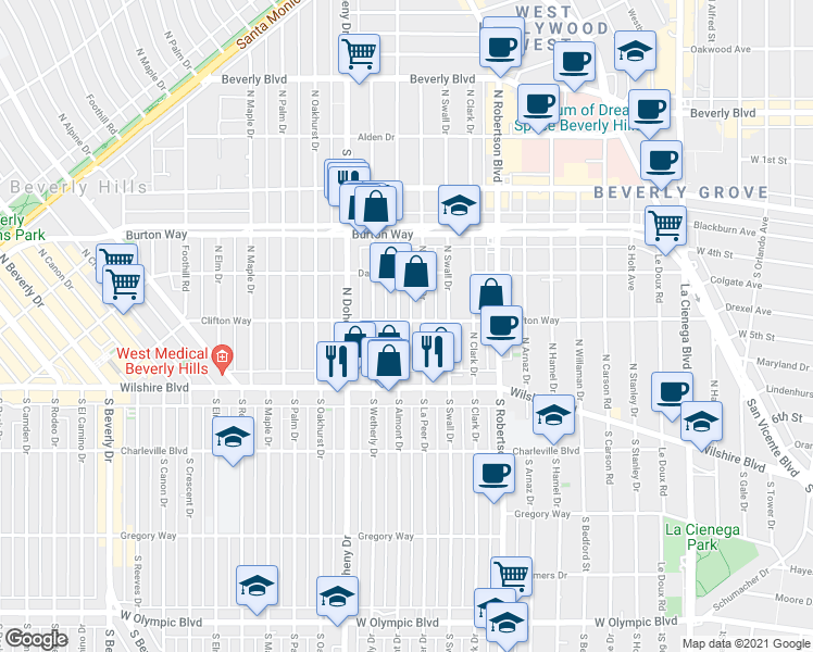 map of restaurants, bars, coffee shops, grocery stores, and more near 231 North La Peer Drive in Beverly Hills