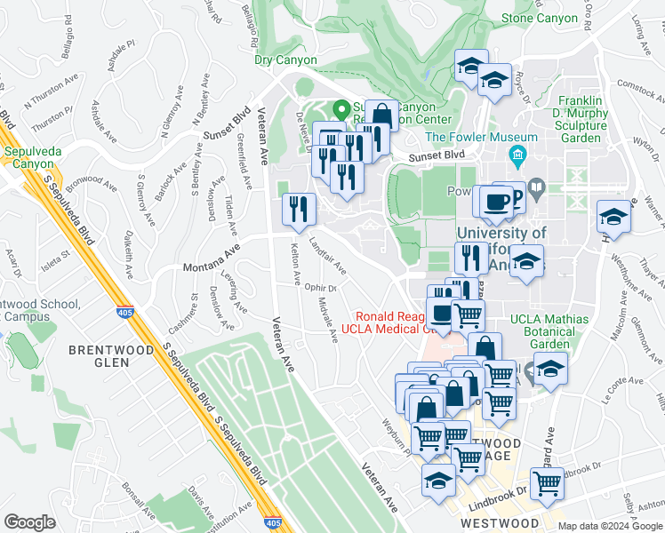 map of restaurants, bars, coffee shops, grocery stores, and more near 442 Landfair Avenue in Los Angeles