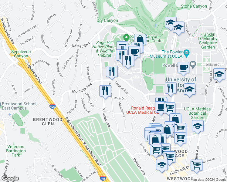 map of restaurants, bars, coffee shops, grocery stores, and more near 430 Kelton Avenue in Los Angeles