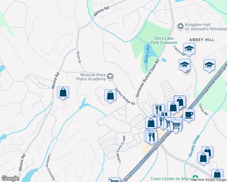 map of restaurants, bars, coffee shops, grocery stores, and more near 4480 Settles Bridge Road in Suwanee