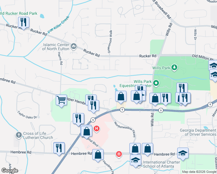 map of restaurants, bars, coffee shops, grocery stores, and more near 1422 Bellsmith Drive in Roswell