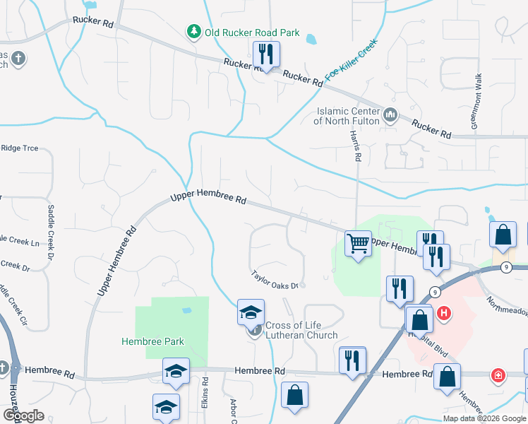 map of restaurants, bars, coffee shops, grocery stores, and more near 965 Upper Hembree Road in Roswell