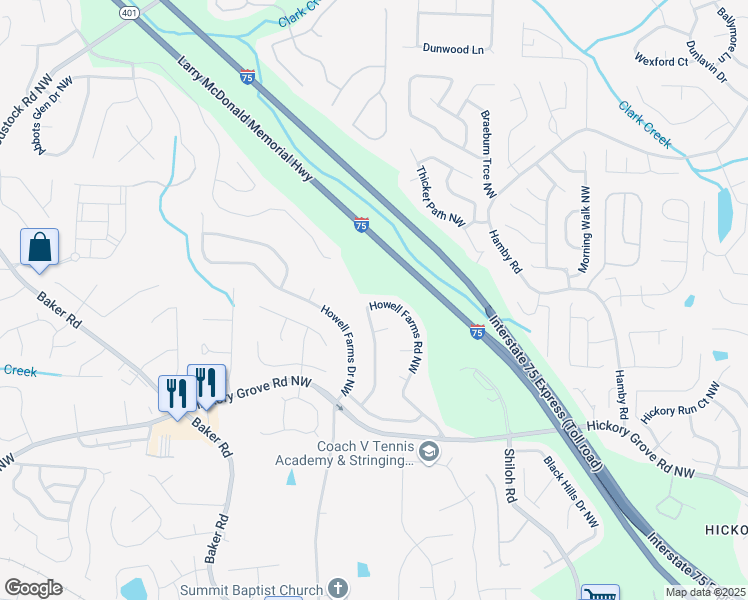 map of restaurants, bars, coffee shops, grocery stores, and more near 4535 Howell Farms Road Northwest in Acworth