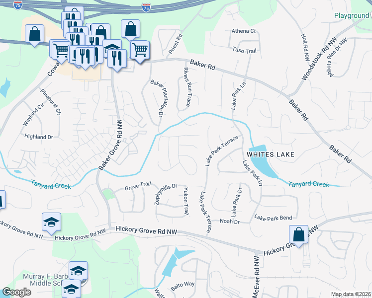 map of restaurants, bars, coffee shops, grocery stores, and more near 3159 Parfait Place in Acworth