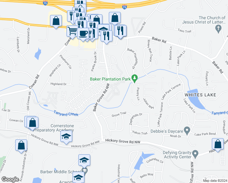 map of restaurants, bars, coffee shops, grocery stores, and more near 7302 Stanton Place Lane in Acworth