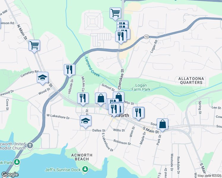 map of restaurants, bars, coffee shops, grocery stores, and more near 107 School Street in Acworth