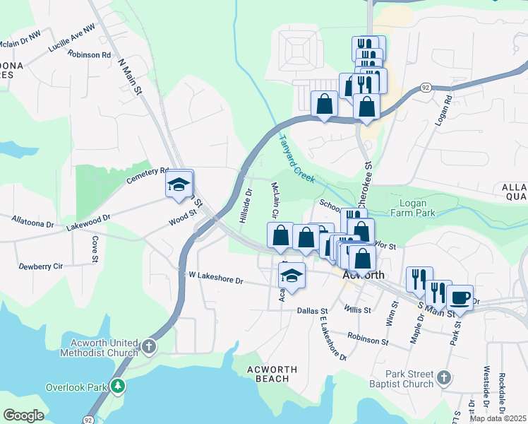 map of restaurants, bars, coffee shops, grocery stores, and more near 4481 McLain Circle in Acworth