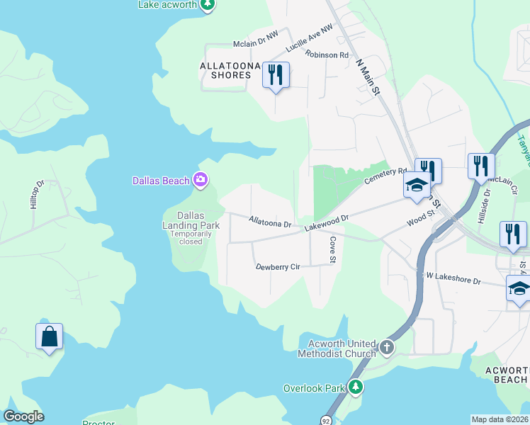 map of restaurants, bars, coffee shops, grocery stores, and more near 5044 Allatoona Drive in Acworth