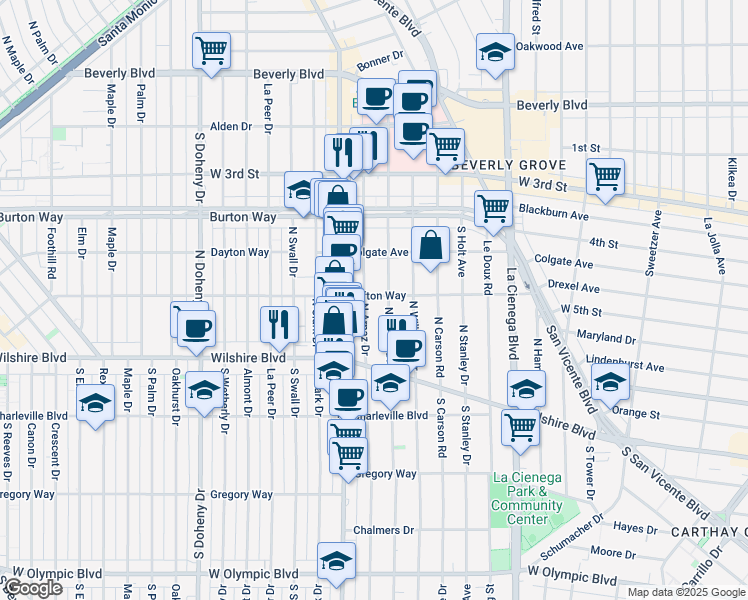 map of restaurants, bars, coffee shops, grocery stores, and more near Arnaz Drive in West Hollywood