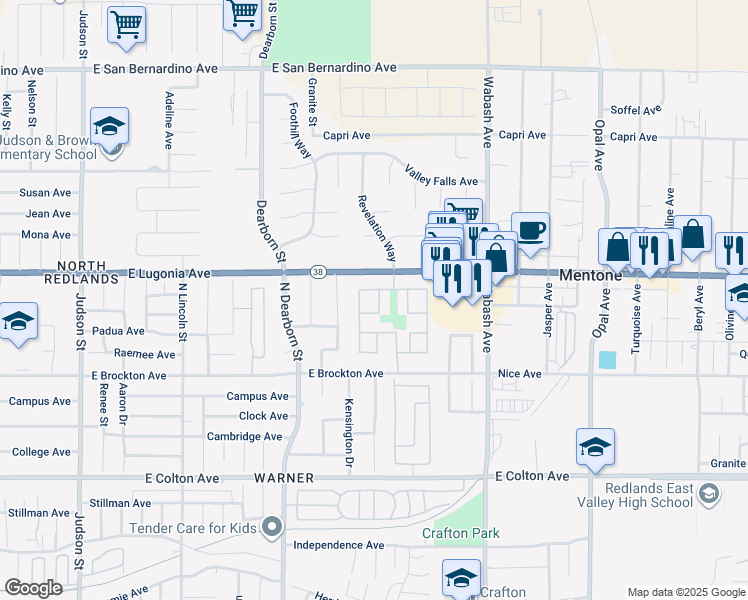 map of restaurants, bars, coffee shops, grocery stores, and more near 1255 Vía Antibes in Redlands