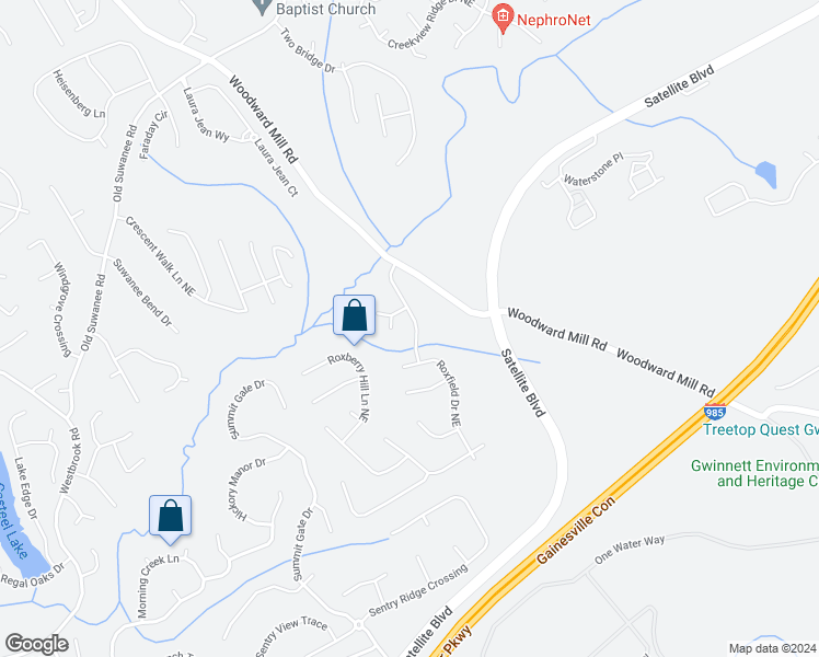 map of restaurants, bars, coffee shops, grocery stores, and more near 3730 Roxwood Park Drive Northeast in Buford