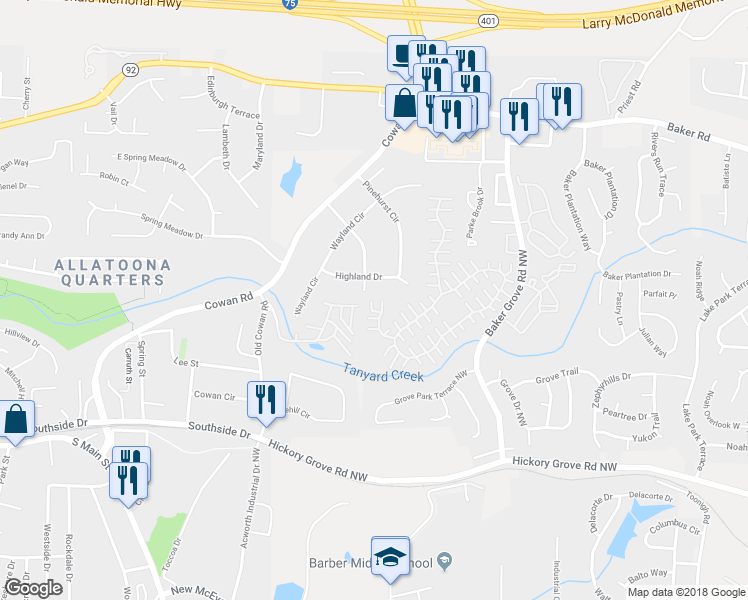 map of restaurants, bars, coffee shops, grocery stores, and more near 186 Windcroft Court Northwest in Acworth