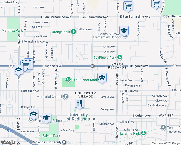 map of restaurants, bars, coffee shops, grocery stores, and more near 1245 North Grove Street in Redlands