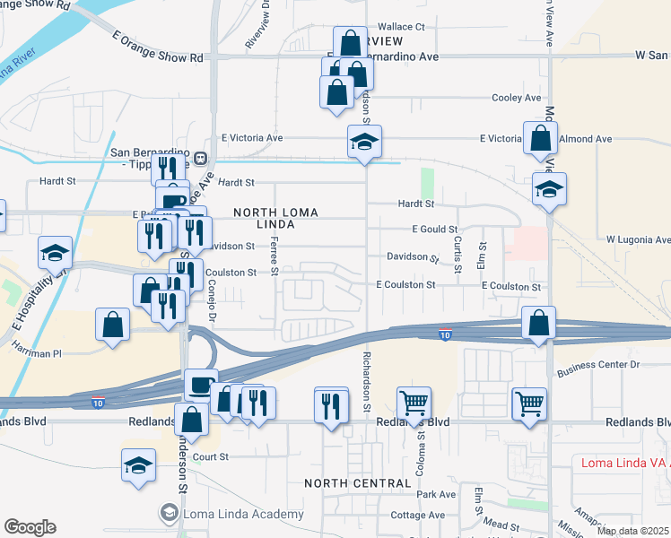 map of restaurants, bars, coffee shops, grocery stores, and more near 1549 East Davidson Street in San Bernardino