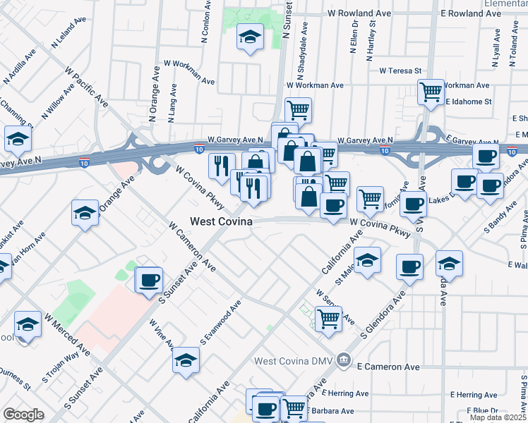map of restaurants, bars, coffee shops, grocery stores, and more near 636 S Sunset Ave in West Covina