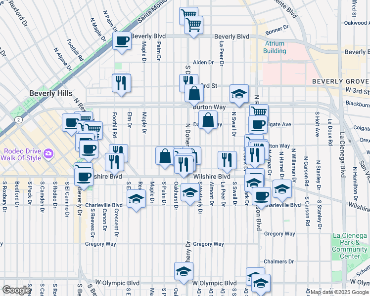 map of restaurants, bars, coffee shops, grocery stores, and more near 127 North Doheny Drive in Beverly Hills