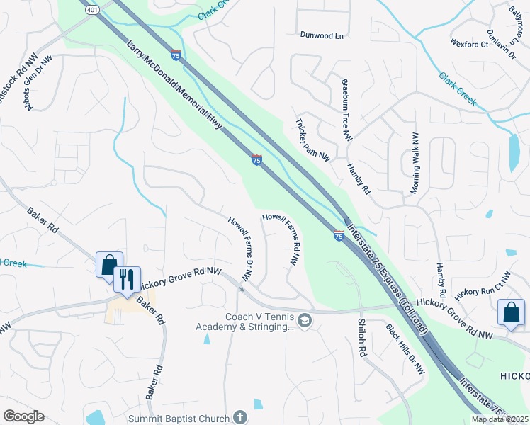 map of restaurants, bars, coffee shops, grocery stores, and more near 4535 Howell Farms Road Northwest in Acworth
