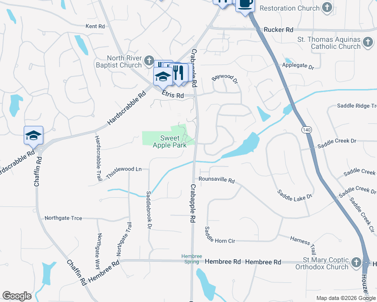 map of restaurants, bars, coffee shops, grocery stores, and more near 525 Saddlebrook Drive in Roswell