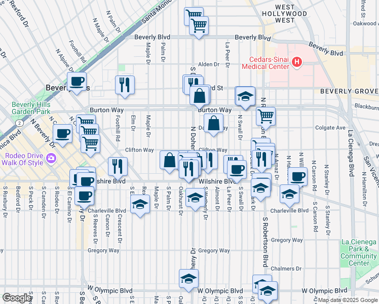 map of restaurants, bars, coffee shops, grocery stores, and more near 127 North Doheny Drive in Beverly Hills