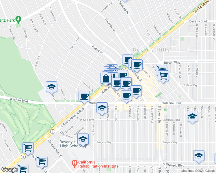 map of restaurants, bars, coffee shops, grocery stores, and more near 9663 Santa Monica Boulevard in Beverly Hills