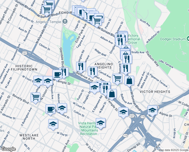 map of restaurants, bars, coffee shops, grocery stores, and more near 1414 Calumet Ave in Los Angeles