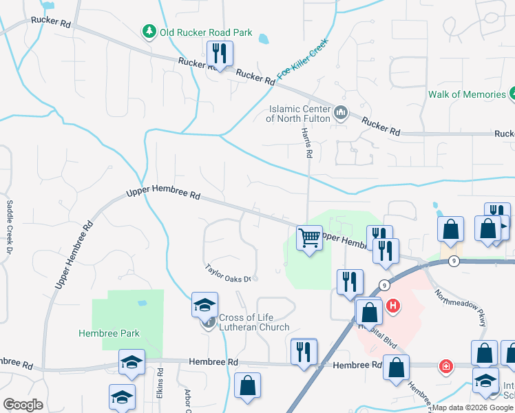map of restaurants, bars, coffee shops, grocery stores, and more near 1100 Upper Hembree Road in Roswell