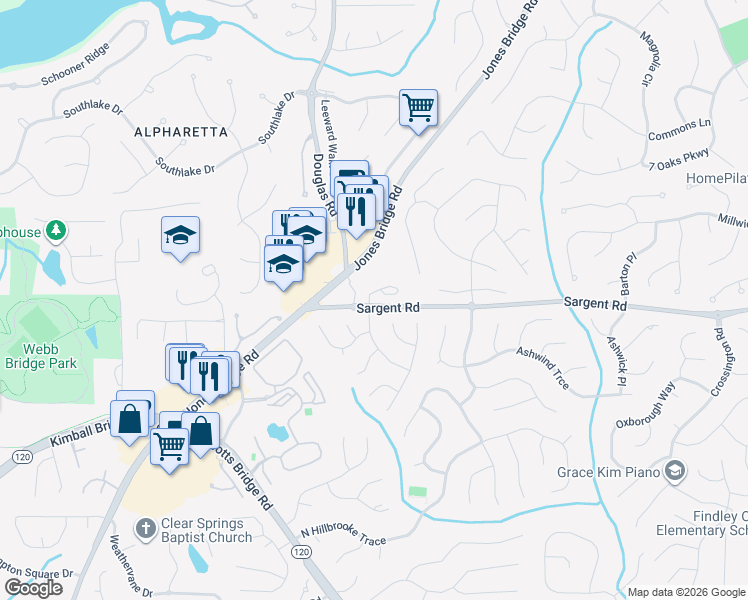map of restaurants, bars, coffee shops, grocery stores, and more near 11894 Aspen Forest Drive in Alpharetta