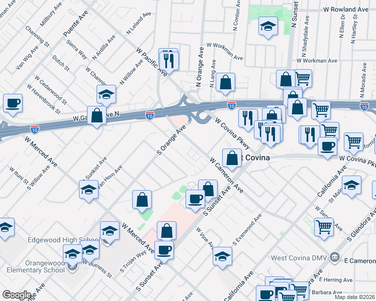 map of restaurants, bars, coffee shops, grocery stores, and more near 1700 W Cameron Ave in West Covina