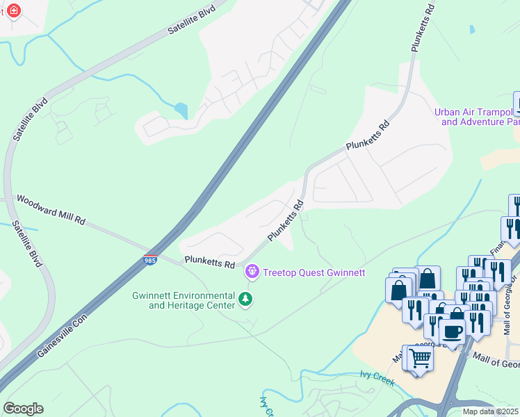 map of restaurants, bars, coffee shops, grocery stores, and more near Clarecastle Drive in Buford