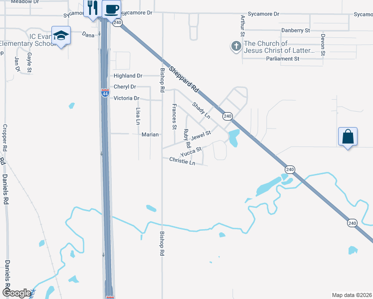 map of restaurants, bars, coffee shops, grocery stores, and more near 1024 Yucca Street in Burkburnett
