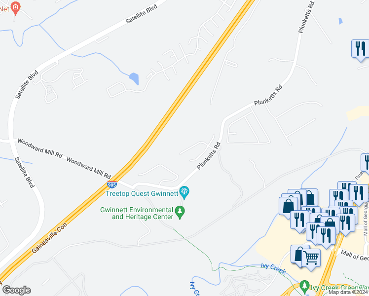 map of restaurants, bars, coffee shops, grocery stores, and more near 3595 Clarecastle Drive in Buford